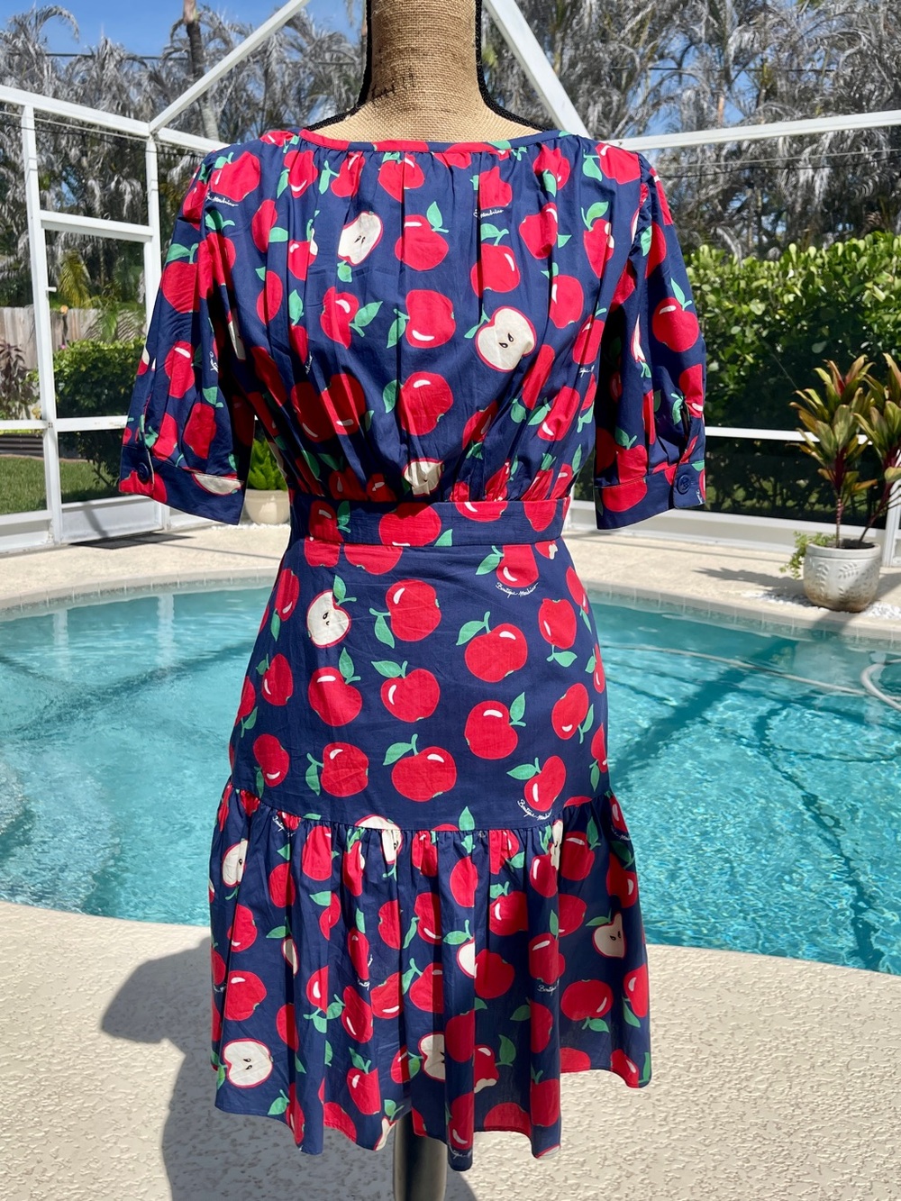 Moschino Boutique Navy Midi Dress with Red Apple Print